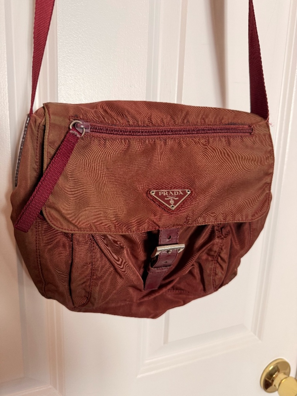 VINTAGE PRADA Burgundy Maroon Vela Nylon Messenger Crossbody Bag / Shoulder Bag